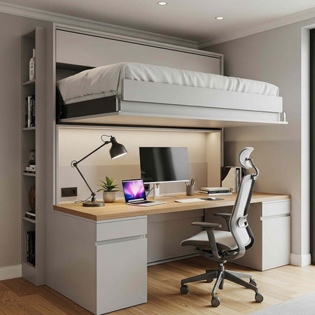 A modern home office with a Murphy bed above a desk and chair in a small room