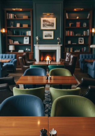 A cozy restaurant interior with a fireplace and comfortable seating areas