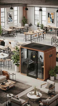 A modern office space with a sauna and comfortable seating areas for relaxation and focus