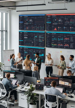 A group of business professionals gathered around a large screen displaying data and graphs in a modern officeの写真素材