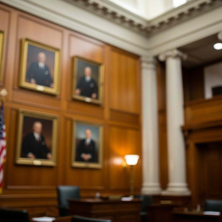 A courtroom with portraits of judges on the wall and a desk in the foreground