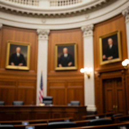 A blurry image of a courtroom with portraits of judges on the wall and an American flag