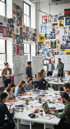 A group of creative professionals collaborating and brainstorming ideas in a modern office space...