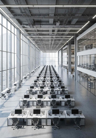 A large, modern office space with rows of desks and computers in a sleek, high-tech environment.の写真素材