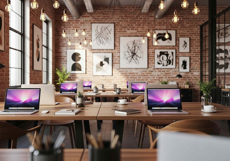 A modern office space with laptops and artwork on a brick wall background