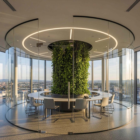 A modern conference room with a living green wall and a circular glass enclosure overlooking the...