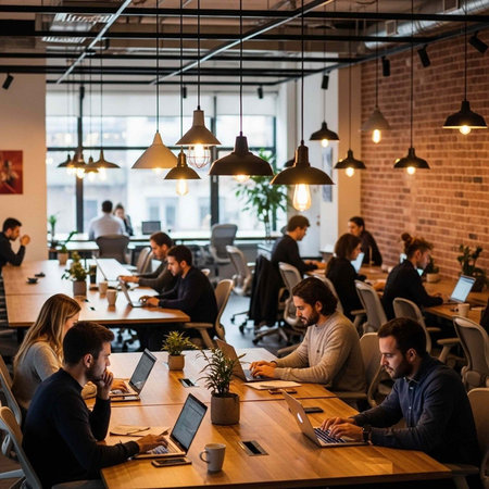 A group of people working on laptops in a modern office space with large windows and exposed brick wallsの写真素材