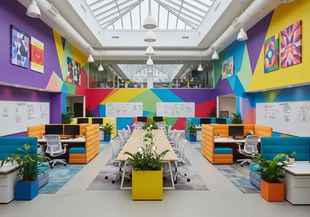 A vibrant and modern office space with colorful walls and a large skylight
