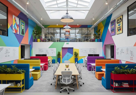 A modern office space with a colorful and vibrant interior design featuring a large skylight and...