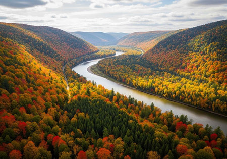 Aerial view of a winding river flowing through a vibrant autumn landscape with colorful trees and...