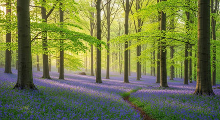 A serene forest landscape with vibrant purple flowers and lush green trees in a natural setting