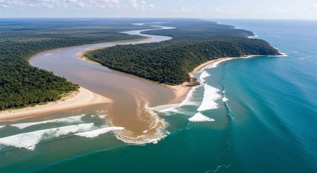 Aerial view of a serene landscape with a river flowing into the ocean surrounded by lush greenery...