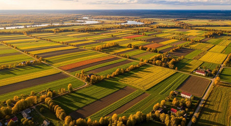 Aerial view of a vibrant agricultural landscape with patchwork fields and trees under a serene sky