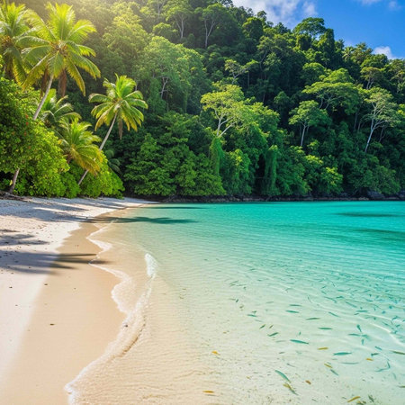 A serene tropical beach with palm trees and crystal clear turquoise water on a sunny day