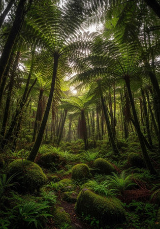 A serene forest landscape with lush green ferns and moss-covered rocks in a natural setting