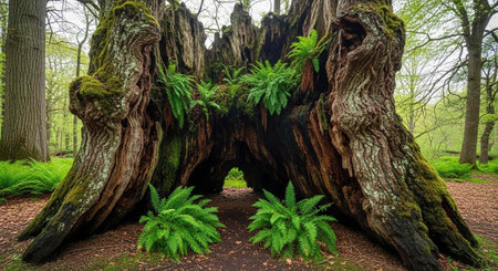 A large, ancient tree stump with ferns growing out of it in a forestの写真素材