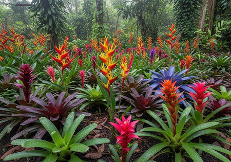 A vibrant and colorful garden filled with exotic bromeliad flowers in a lush tropical environment