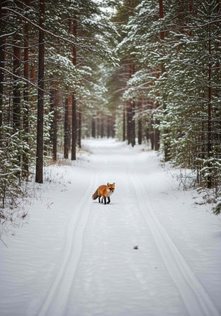 A red fox stands on a snowy forest road surrounded by tall trees in a serene winter landscape