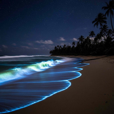 A serene beach at night with glowing blue waves and palm trees under a starry sky