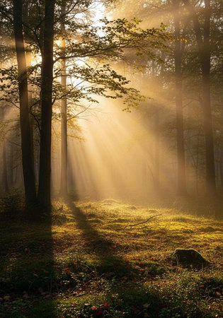 A serene forest landscape with sunbeams shining through the trees on a misty morning