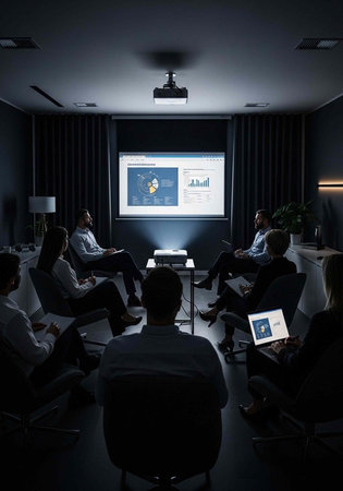 A group of business professionals engaged in a meeting with a projector screen in a darkened roomの写真素材