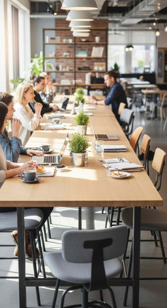 A group of people sitting around a large table in a modern office space during a meetingの写真素材