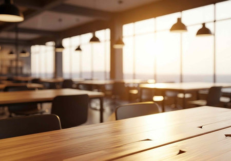 A modern, empty cafeteria with wooden tables and chairs, illuminated by natural light and pendant...