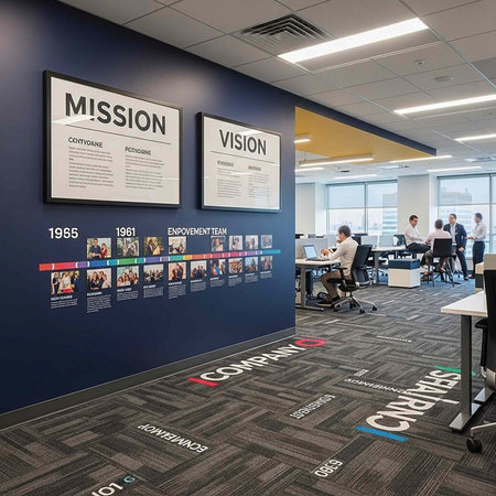 A modern office interior with a timeline on the wall and employees working at their desks.
