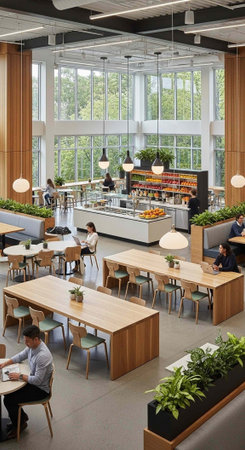 A modern office cafeteria with people sitting at tables and a large window in the background