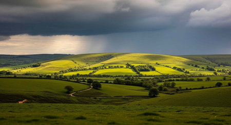 A serene landscape of rolling green hills under a dramatic cloudy sky with a storm approachingの写真素材