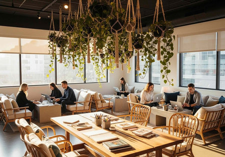A group of people working and socializing in a modern office space with a large wooden table and...