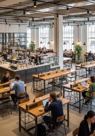 A bustling modern cafe with people sitting at tables and working on laptops in a bright and airy...