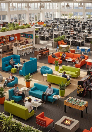 A modern office space with a large open area featuring colorful couches and tables amidst a bustling...