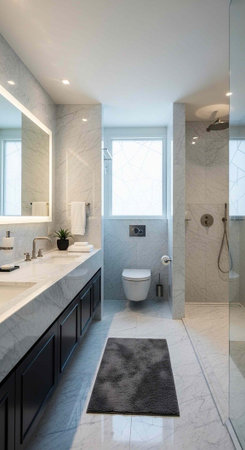A modern bathroom with a large mirror, double sink vanity, toilet, and walk-in shower with glass...