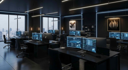 A modern office space with multiple computer workstations and a city view