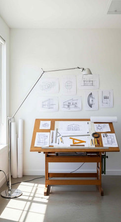 A well-lit workspace with a drafting table and architectural drawings in a modern office setting.