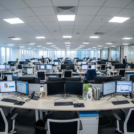 A large, modern office space with rows of computer workstations and employees working diligently