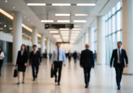 Business professionals walking through a modern office building hallway with large windows and...