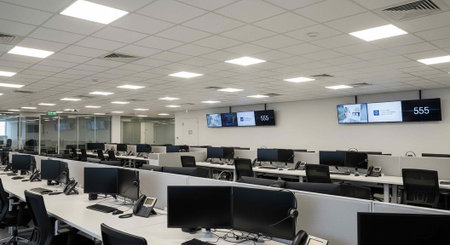 A modern office space with rows of computer workstations and multiple screens on the wall