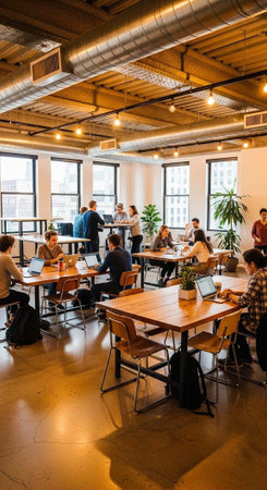 A group of young professionals working together in a modern open-plan office space with laptops and...