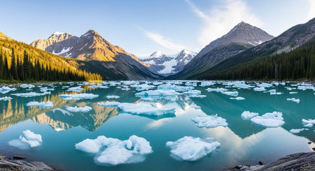 A serene mountain lake with floating icebergs surrounded by evergreen trees and majestic snow-capped...