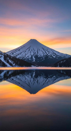 A serene mountain landscape with a snow-capped peak reflected in a calm lake at sunset