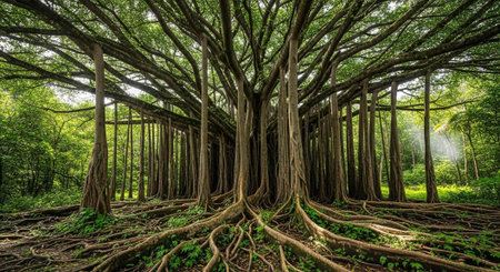 A majestic tree with sprawling roots and branches stands tall in a serene forest landscape