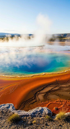 A vibrant and serene landscape of a geothermal pool with steam rising from the water's surfaceの写真素材