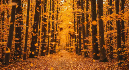 A serene forest path covered in fallen leaves during a vibrant autumn season with tall trees.
