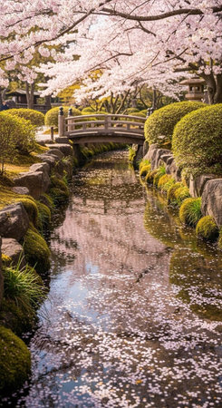 A serene Japanese garden with a small bridge over a stream surrounded by blooming cherry blossoms and lush greeneryの写真素材