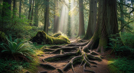 A serene forest landscape with sunlight filtering through the trees and moss-covered roots on the...