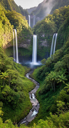 A serene and vibrant landscape of multiple waterfalls cascading down a lush green mountain into a...