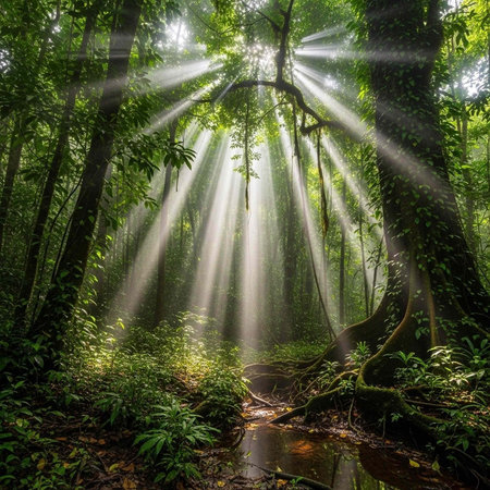 A serene forest scene with sunlight filtering through the trees and illuminating the lush green...
