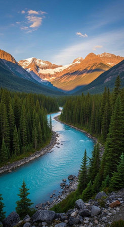 A serene river flows through a dense forest surrounded by majestic mountains under a blue sky